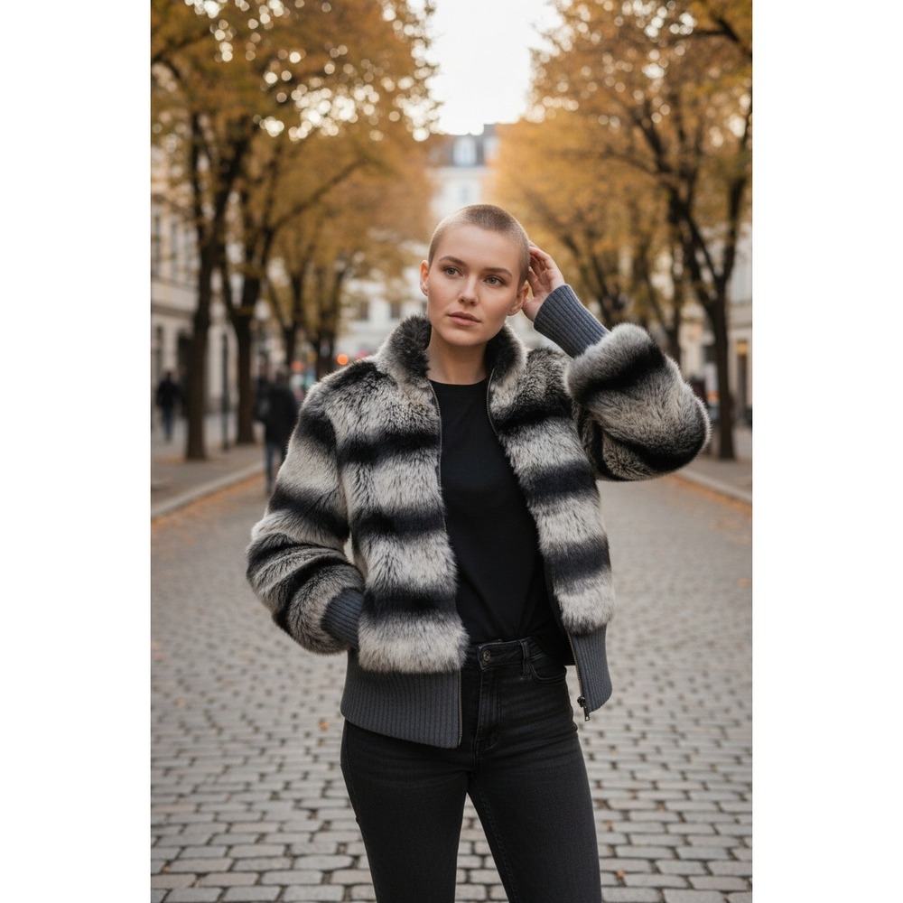 RLZ‎ Faux Fur S Bomber Jacket Black Gray Striped Zip Front Ribbed Hem Moto Crop